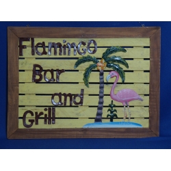Wood and Metal Flamingo Bar and Grill Sign 29 x 21.5 in,